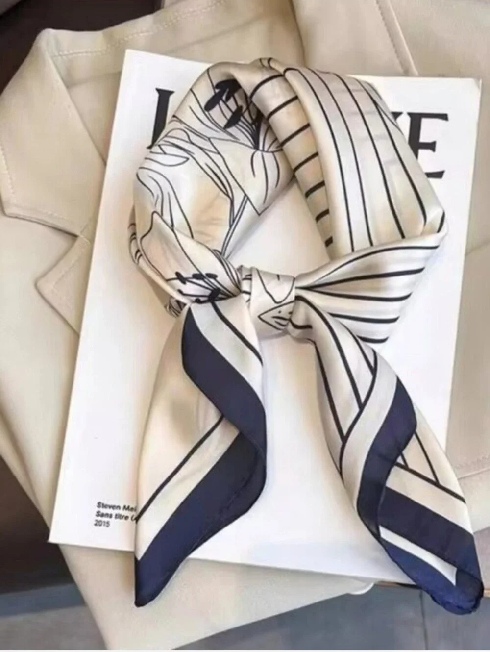 Silk-feel Floral & Geometric Silk Scarf in Cream and Navy